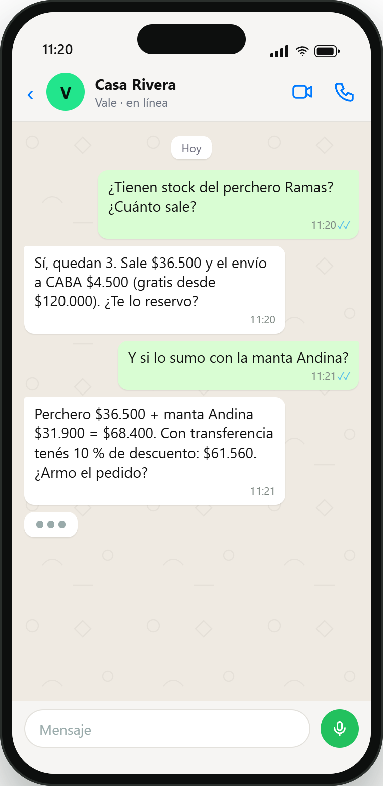 El agente responde stock, precio y descuento por transferencia en segundos
